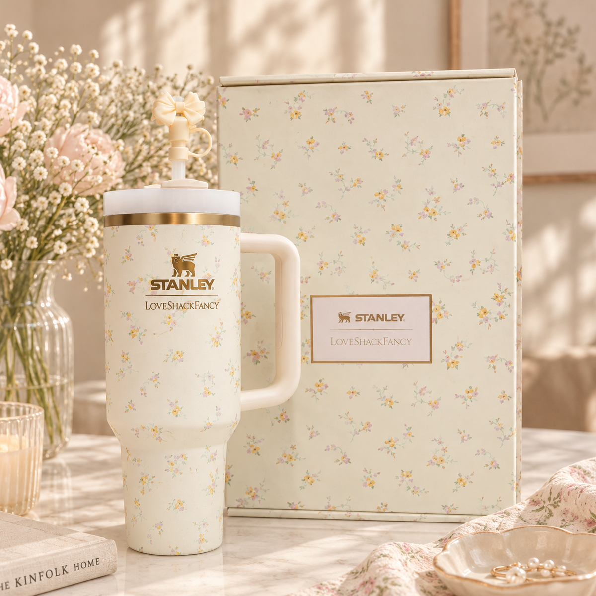 Stanley x LoveShackFancy 40oz Insulated Tumbler – Cream Wildflower Floral Gift Set with Bow Straw Topper