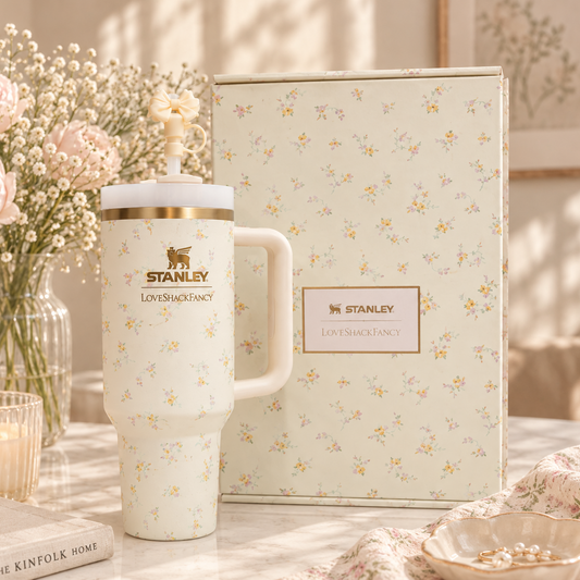 Stanley x LoveShackFancy 40oz Insulated Tumbler – Cream Wildflower Floral Gift Set with Bow Straw Topper