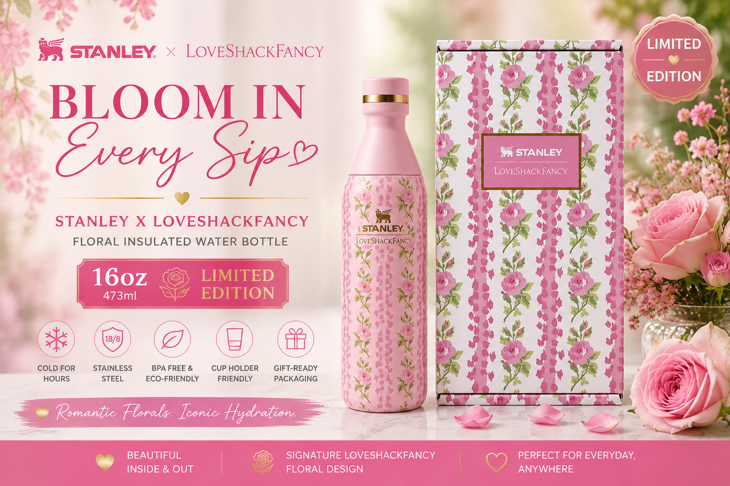 STANLEY X LOVESHACKFANCY ALL DAY SLIM BOTTLE 16OZ