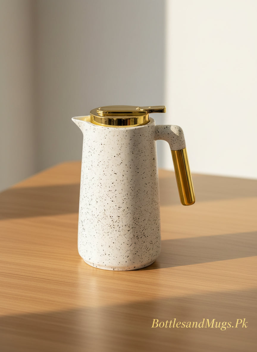 White Stone Texture Vacuum Flask carafe with gold accents | 1 Litre