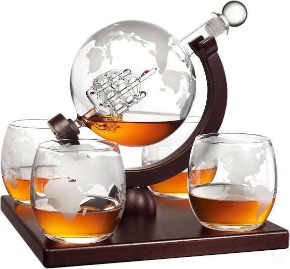 Globe whiskey decanter set with four Glasses & Wooden Rack