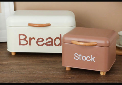 2PCS Nordic Style Bread Box Set – Metal Kitchen Counter Storage Bins with Wooden Handles