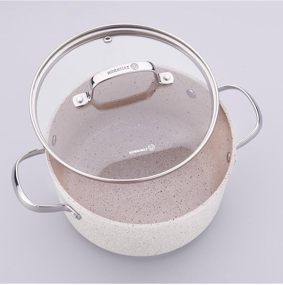 Korkmaz Granita 7 Pieces Non-Stick Cookware Set | Forged Aluminum Granite Coated Induction Base Cookware Pots and Pans Set | Beige - A1272
