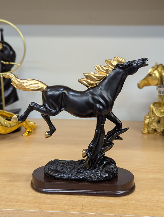 Running Horse Resin Statue with Gold Mane and Tail - Black and Gold Equine Sculpture Home Decor