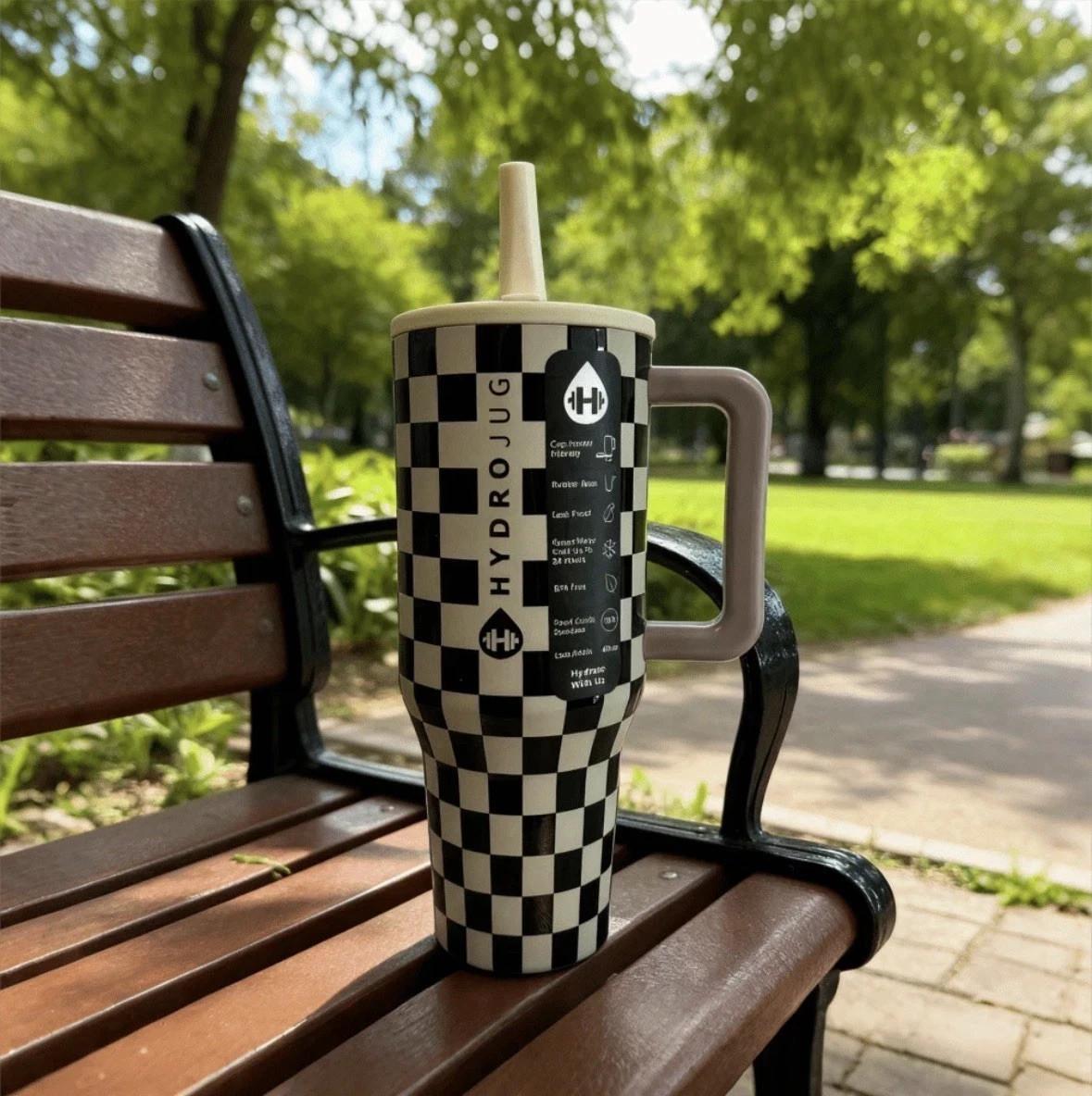 HydroJug Stainless Steel Checkerboard Tumbler with Handle & Straw – 40oz Insulated Travel Mug
