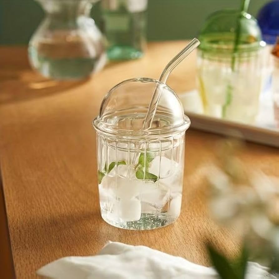 Vintage Ribbed Glass Cup with Dome Lid & Straw | 500Ml