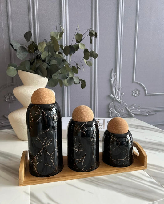 Ceramic 3 Pcs Jar Set With Cork & Bamboo Stand