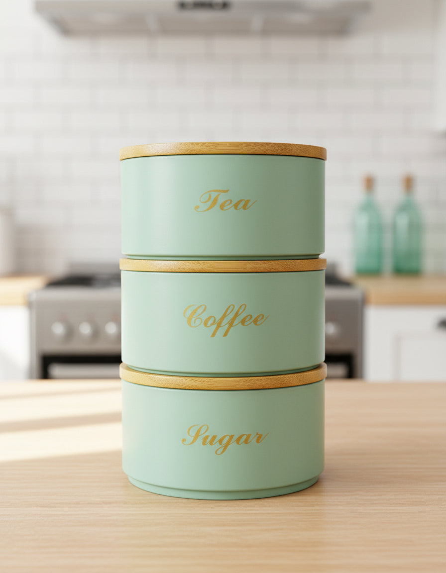 3 PIECES METAL KITCHEN STORAGE JARS SET – TEA COFFEE & SUGAR CANISTERS WITH BAMBOO LIDS, LUXURY COUNTERTOP ORGANIZER