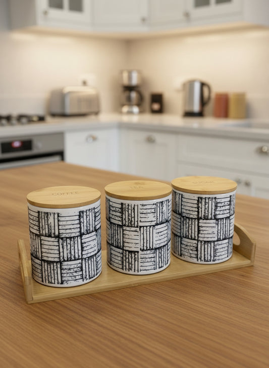 Textured 3 Pcs Ceramic Jar Set With Wooden Tray