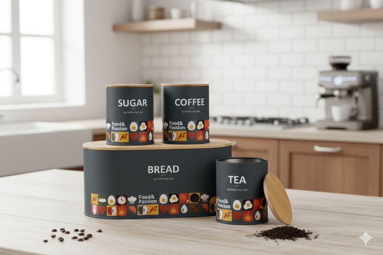 Modern Kitchen Canister Set (4pcs) – Bread Bin + Tea, Coffee & Sugar Storage Jars with Airtight Wooden Lids