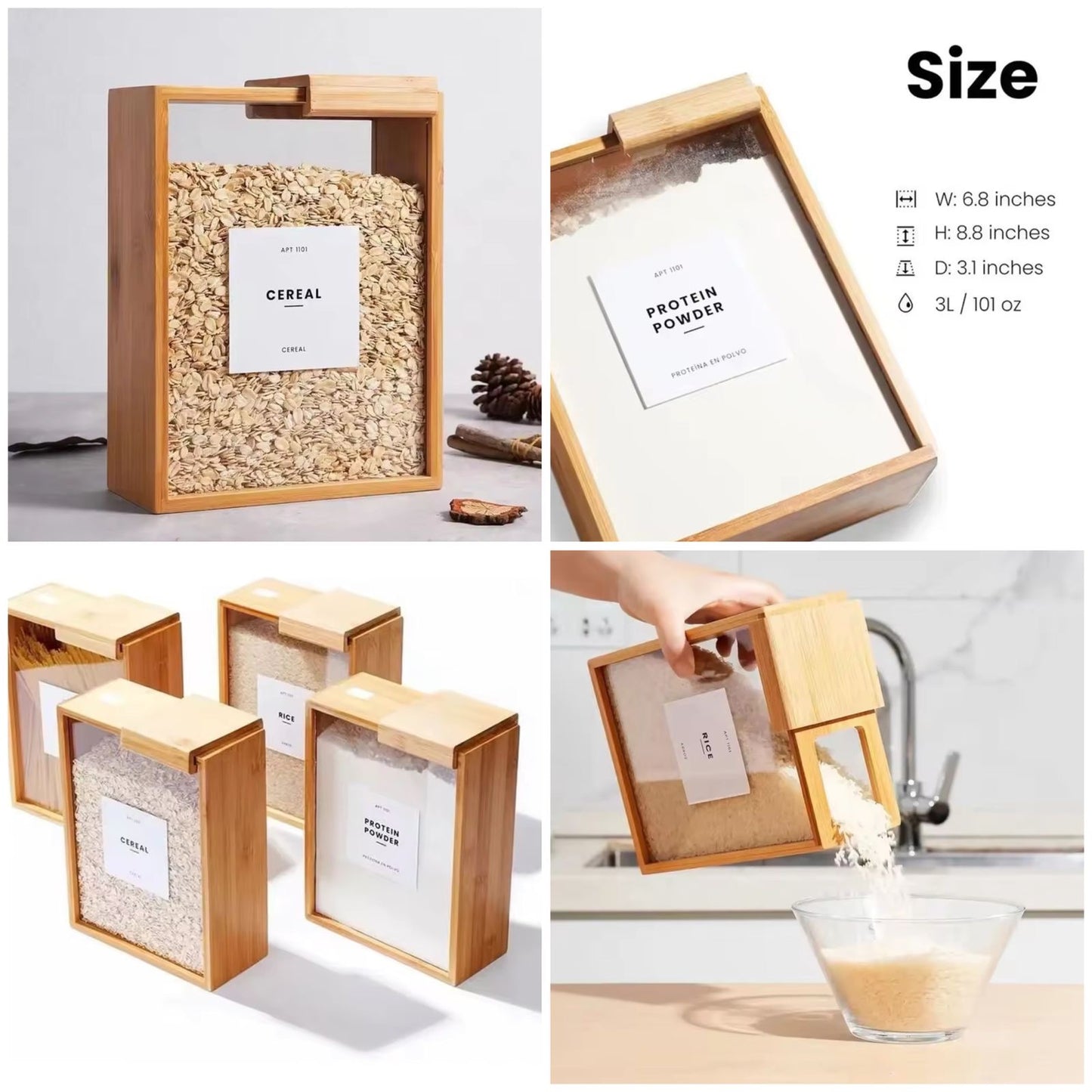 Bamboo Wooden Grain Storage Box Airtight Food Container for Kitchen - 3L
