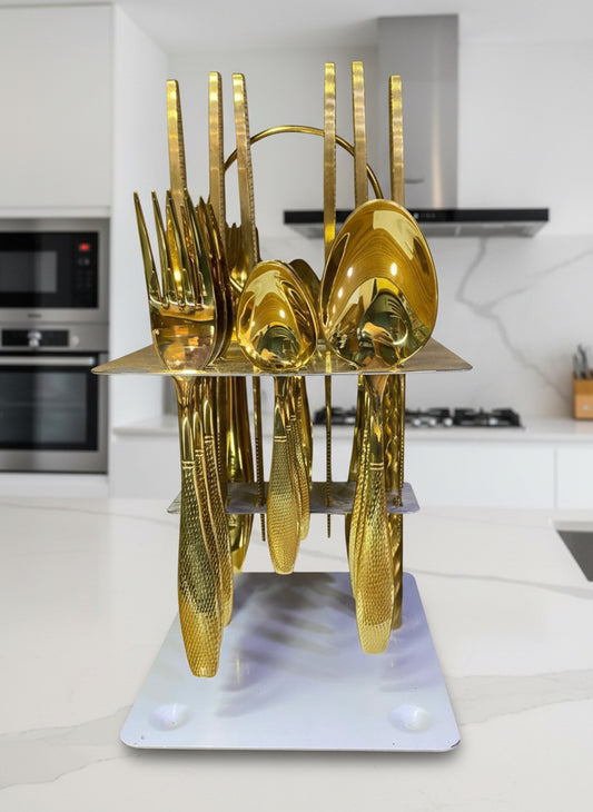 Luxury Golden Design Stainless Steel Cutlery 24Pcs Set With a Display Stand.
