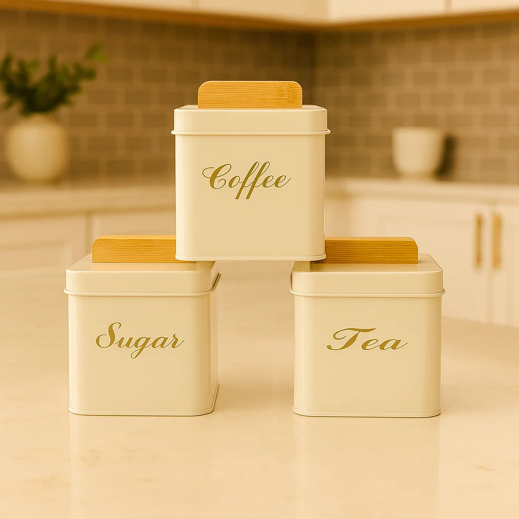 3-Piece Square Metal Sugar Canister Set With Bamboo Lids