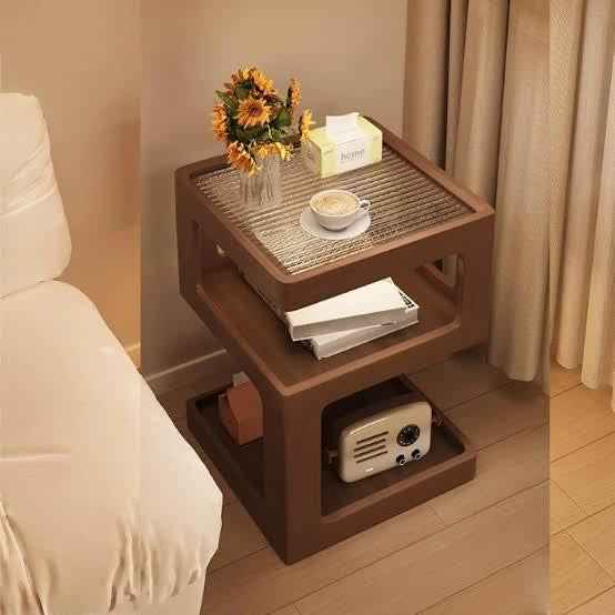 3-Tier Bamboo Rolling Nightstand – Mobile End Table with Storage Shelves for Bedroom & Living Room