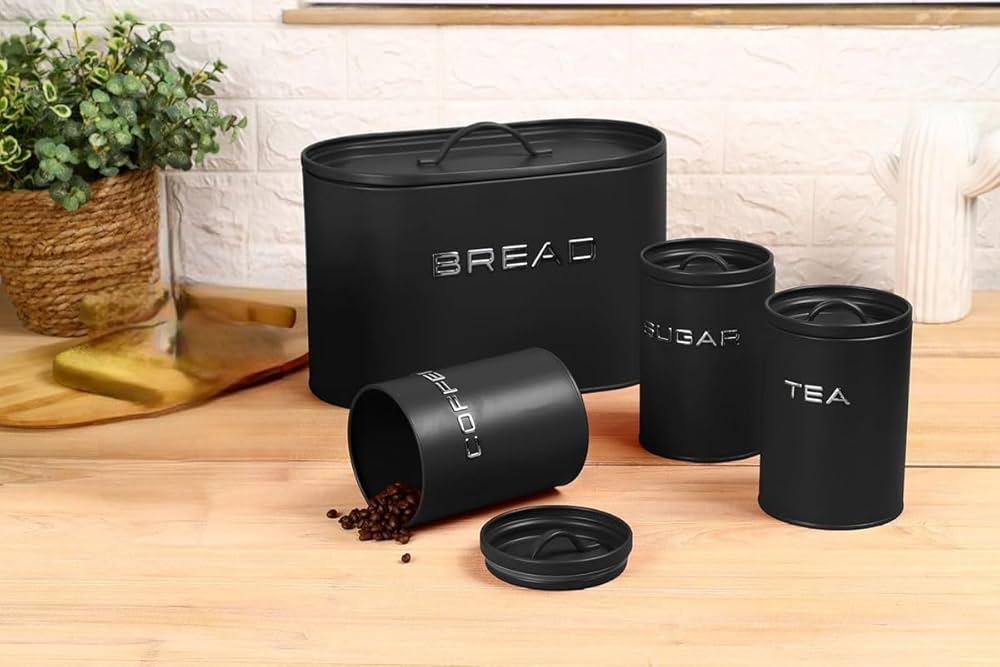 Royal Homeware 4pc Enzo Breadbin & Canister Set (Black)