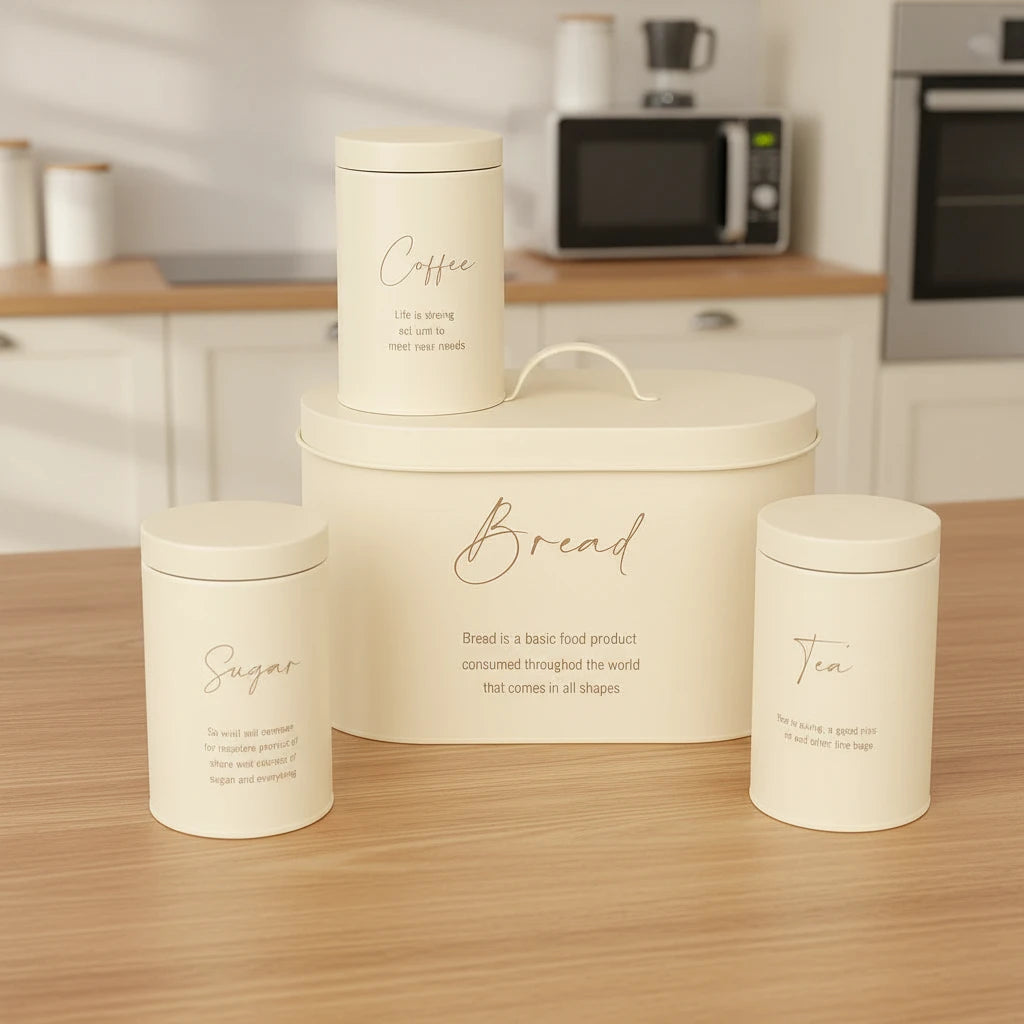 4-Piece Metal Bread Bin And Canister Set | Cream