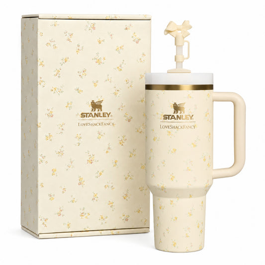 Stanley x LoveShackFancy 40oz Insulated Tumbler – Cream Wildflower Floral Gift Set with Bow Straw Topper