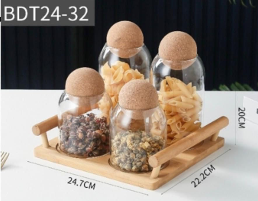 4-Piece Borosilicate Glass Pantry Set with Round Cork Lids & Bamboo Organizer Tray