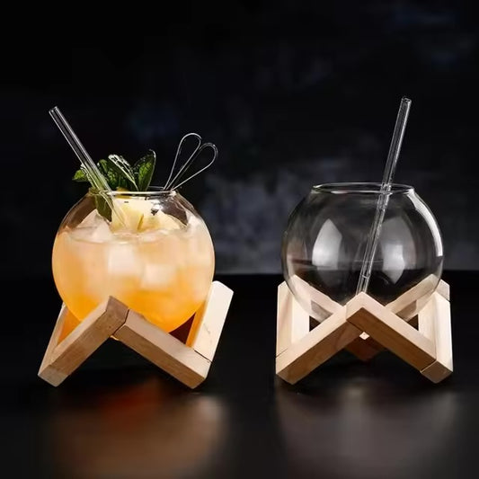 Round Ball Shaped Ins Juice & Cocktail Glass With Straw & Wood Stand