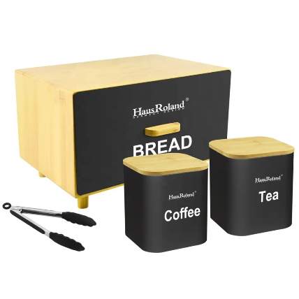 Hausroland New Stylish Color Coated Metal Bread Box Tea Coffee Sugar Bucket Set of 4 with Bamboo Lid