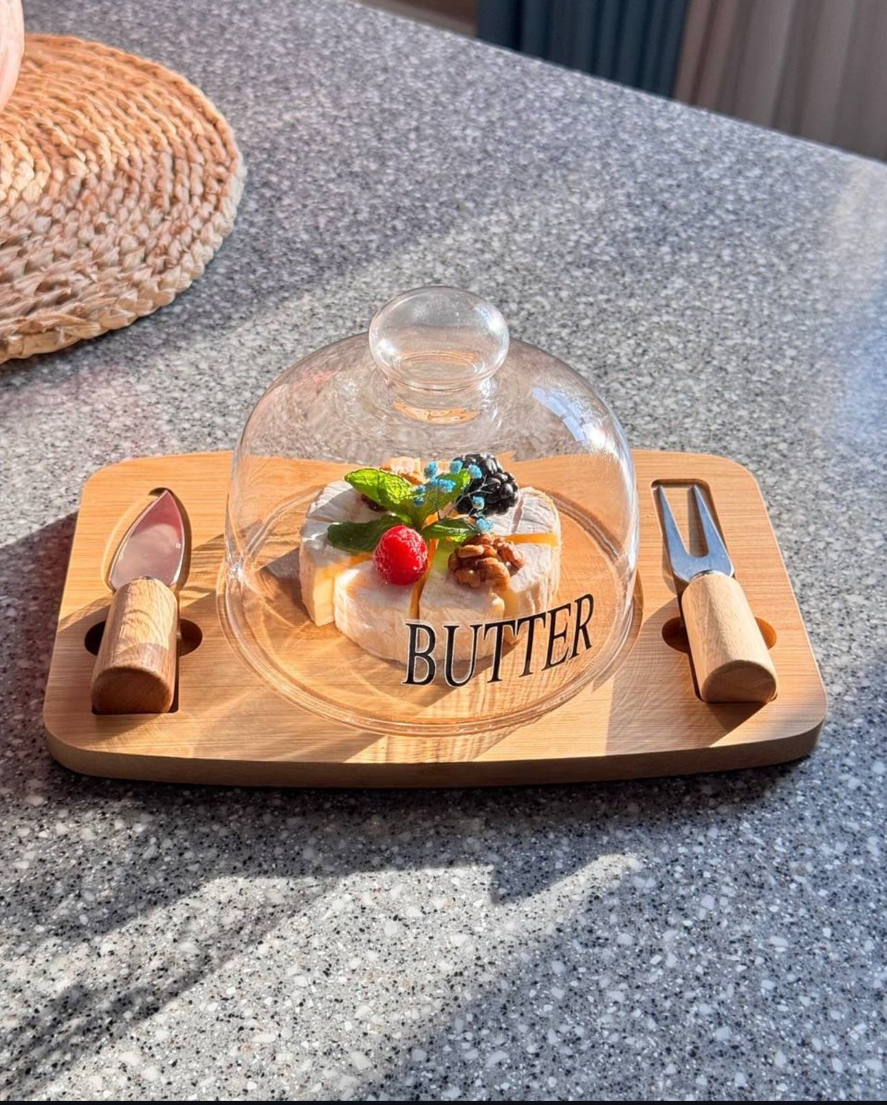Butter Dish with Glass Lid, Bamboo Base, Round Clear Butter Dish with Handle, OKYUK Butter Keeper Saver with Cover for Table, Kitchen Countertop, Refrigerator, Dishwasher Safe (Wood, Double Knife)