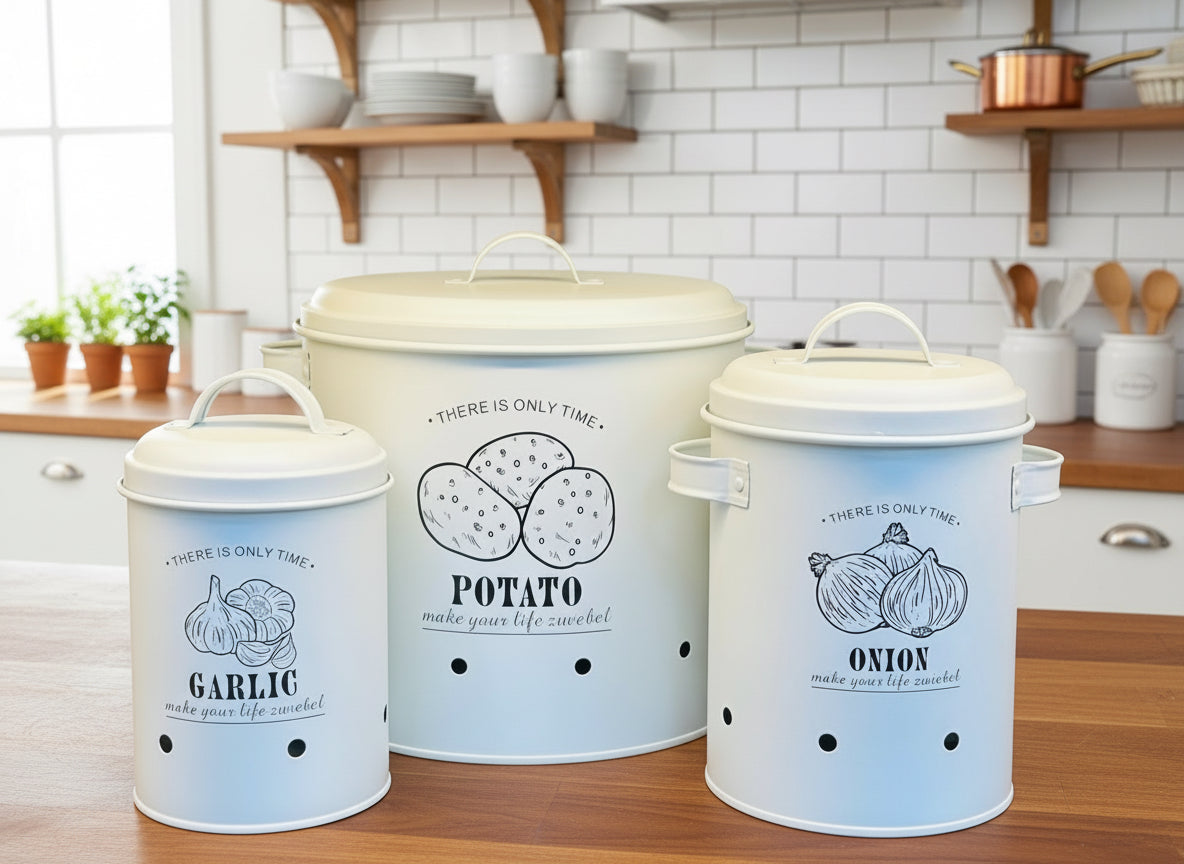 3 Pcs Retro Metal Potato Garlic Onion Storage Containers with 360° Ventilation System