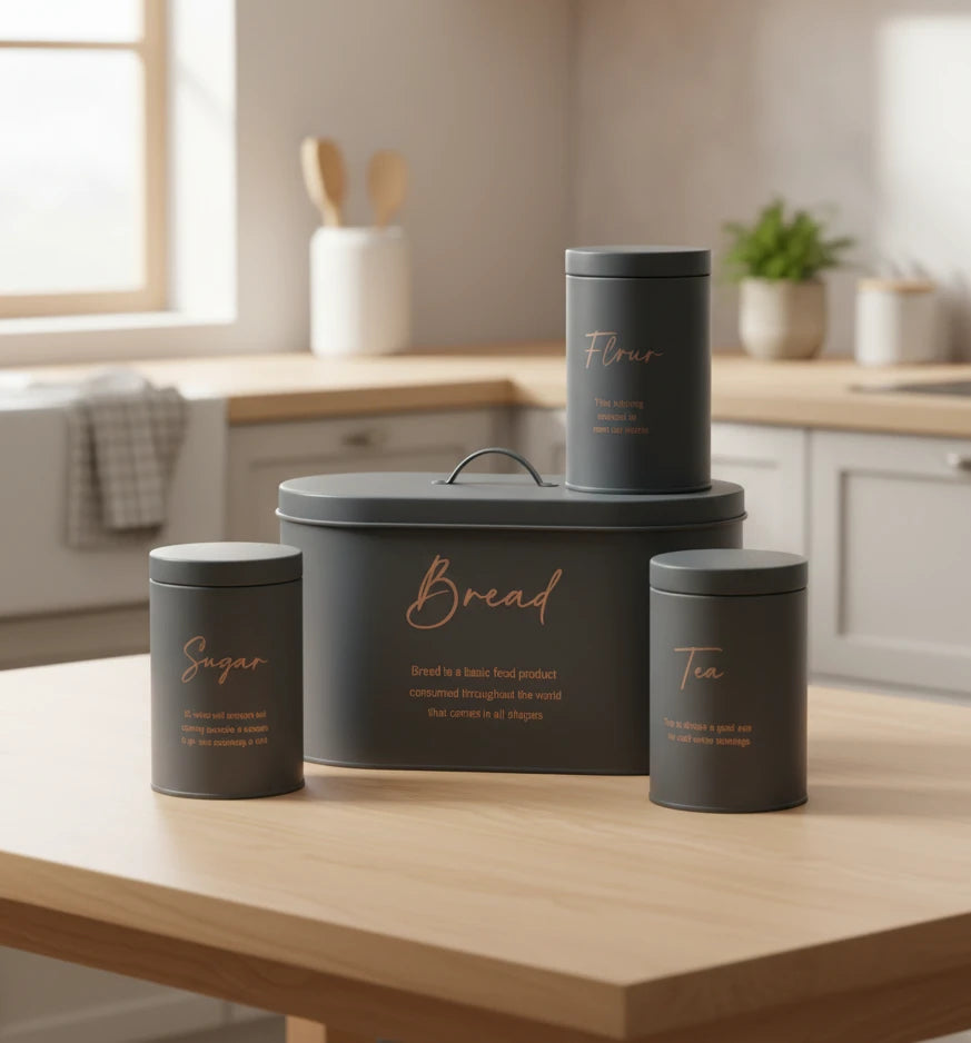 4-Piece Metal Bread Bin And Canister Set | Grey