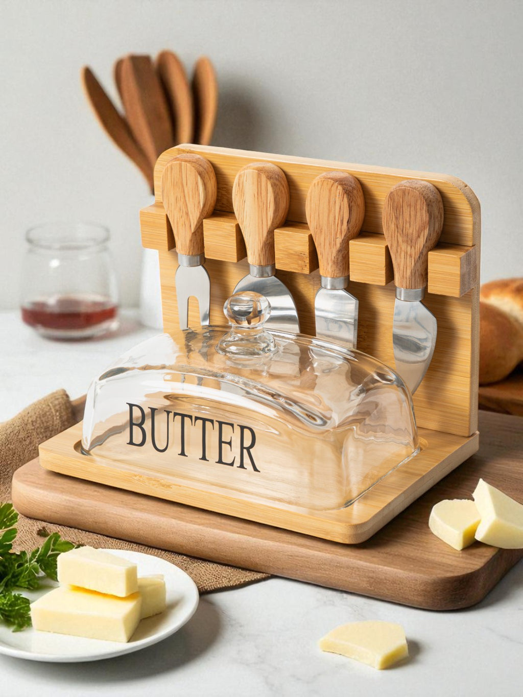Bamboo Butter Dish and Lid Wooden Serving Tray with Glass Cover