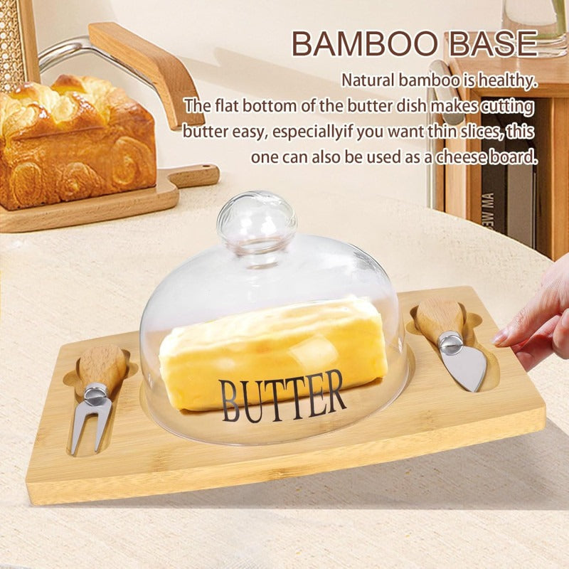 Elegant Wooden Butter Dish with Glass Lid & Knife Set – Multipurpose Serving Tray for Butter, Cheese, or Cake