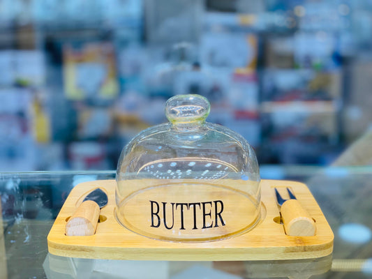 Butter Dish with Glass Lid, Bamboo Base, Round Clear Butter Dish with Handle, OKYUK Butter Keeper Saver with Cover for Table, Kitchen Countertop, Refrigerator, Dishwasher Safe (Wood, Double Knife)