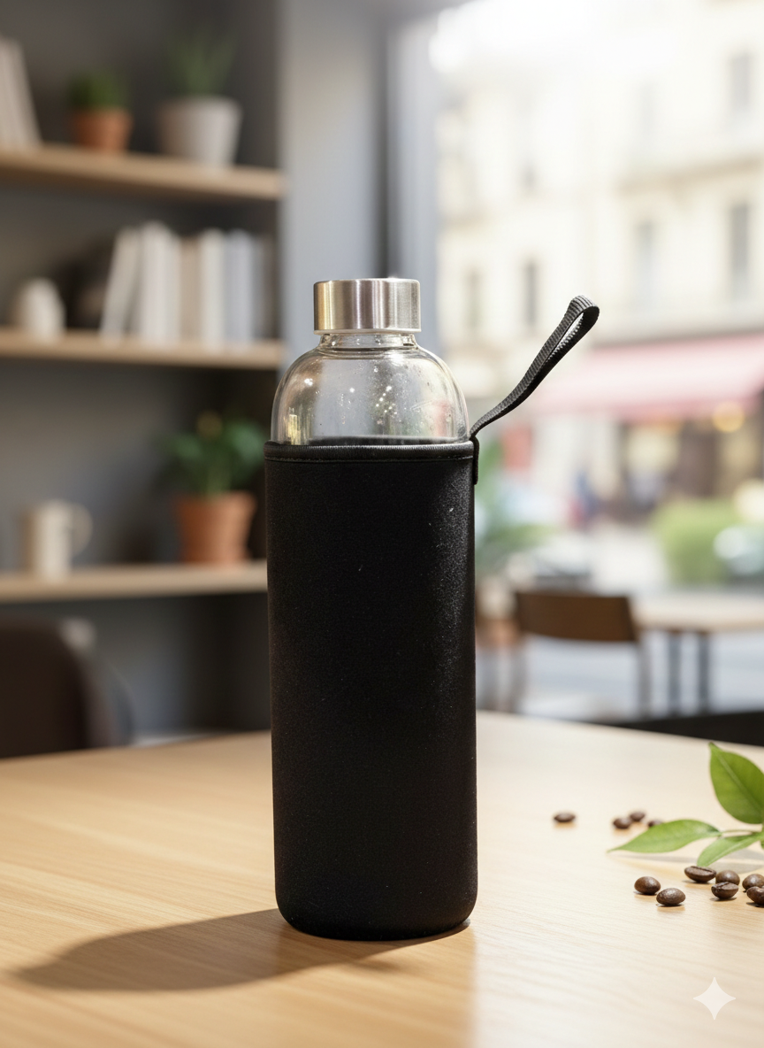 Premium Glass Water Bottle with Protective Neoprene Sleeve & Carry Loop