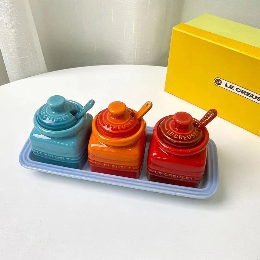 Le Creuset Inspired Ceramic Condiment Jar Set with Tray & Spoons (3-Piece Color Set)