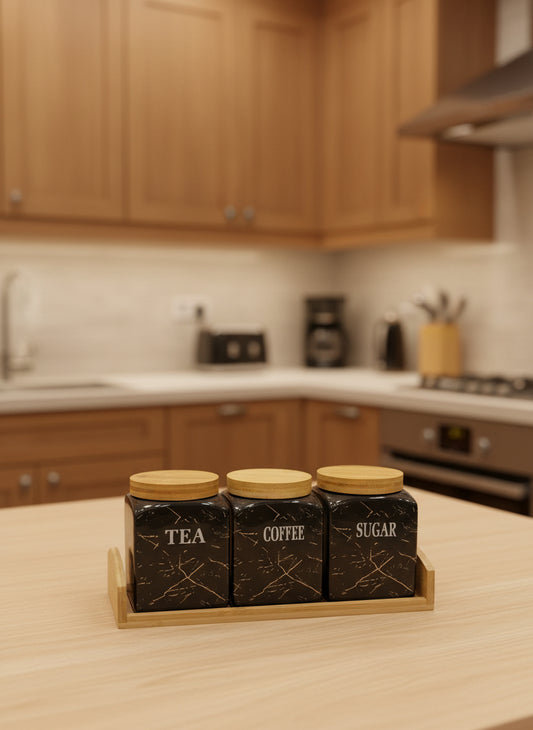 3 Pcs Ceramic Jar Set With Wooden Tray
