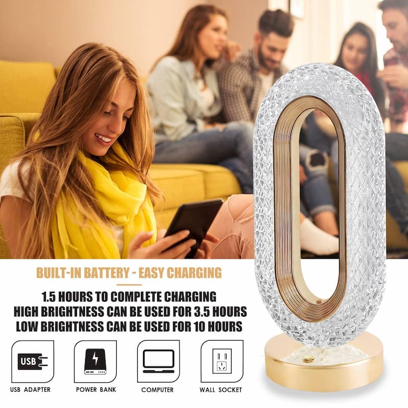 Luxury Crystal Oval Table Lamp – USB Rechargeable LED Night Light with Touch Dimming