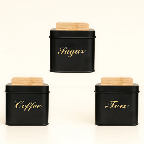 3-Piece Square Metal Sugar Canister Set With Bamboo Lids