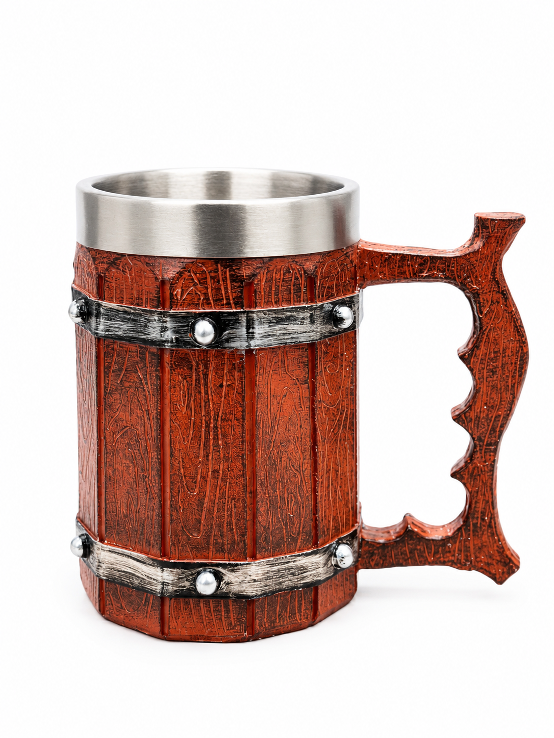 Viking-Style Beer Tankard with Stainless Steel Liner – 450ml Rustic Wood-Grain Mug