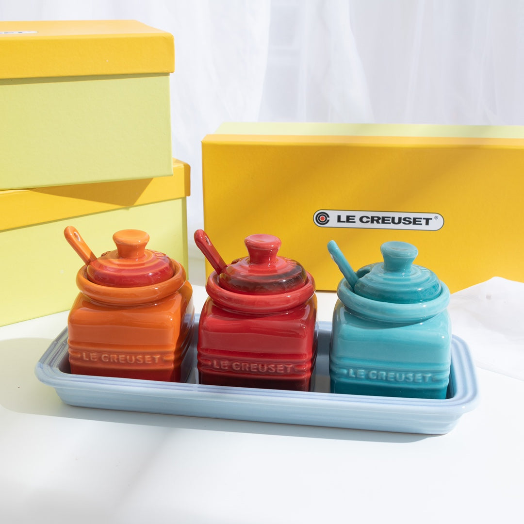 Le Creuset Inspired Ceramic Condiment Jar Set with Tray & Spoons (3-Piece Color Set)