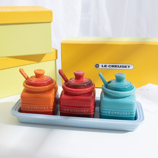 Le Creuset Inspired Ceramic Condiment Jar Set with Tray & Spoons (3-Piece Color Set)