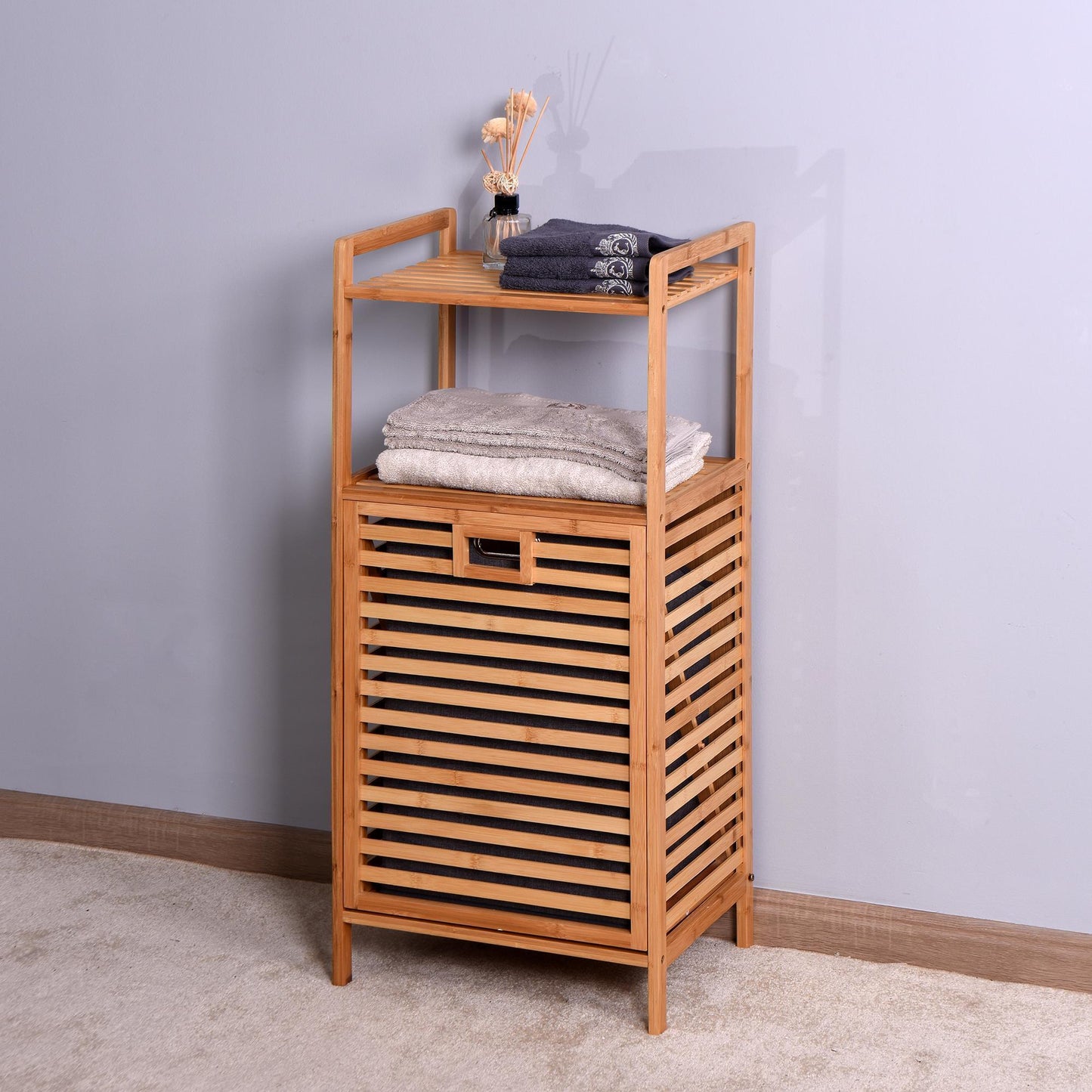 Bamboo 2- Tier Storage Rack Laundry Bsket Dirty Clothes Basket for Living Room Bedroom