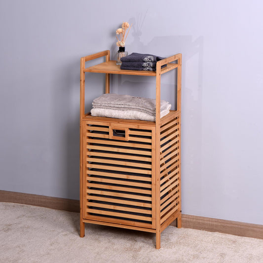 Bamboo 2- Tier Storage Rack Laundry Bsket Dirty Clothes Basket for Living Room Bedroom