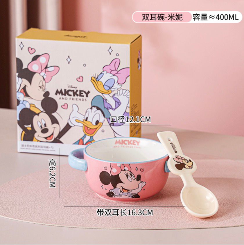 Walt Disney Ceramic Bowl Set with Spoon | 400ml Kids Double Handle Bowl