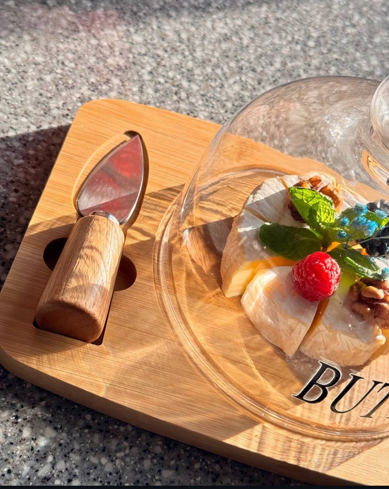 Butter Dish with Glass Lid, Bamboo Base, Round Clear Butter Dish with Handle, OKYUK Butter Keeper Saver with Cover for Table, Kitchen Countertop, Refrigerator, Dishwasher Safe (Wood, Double Knife)