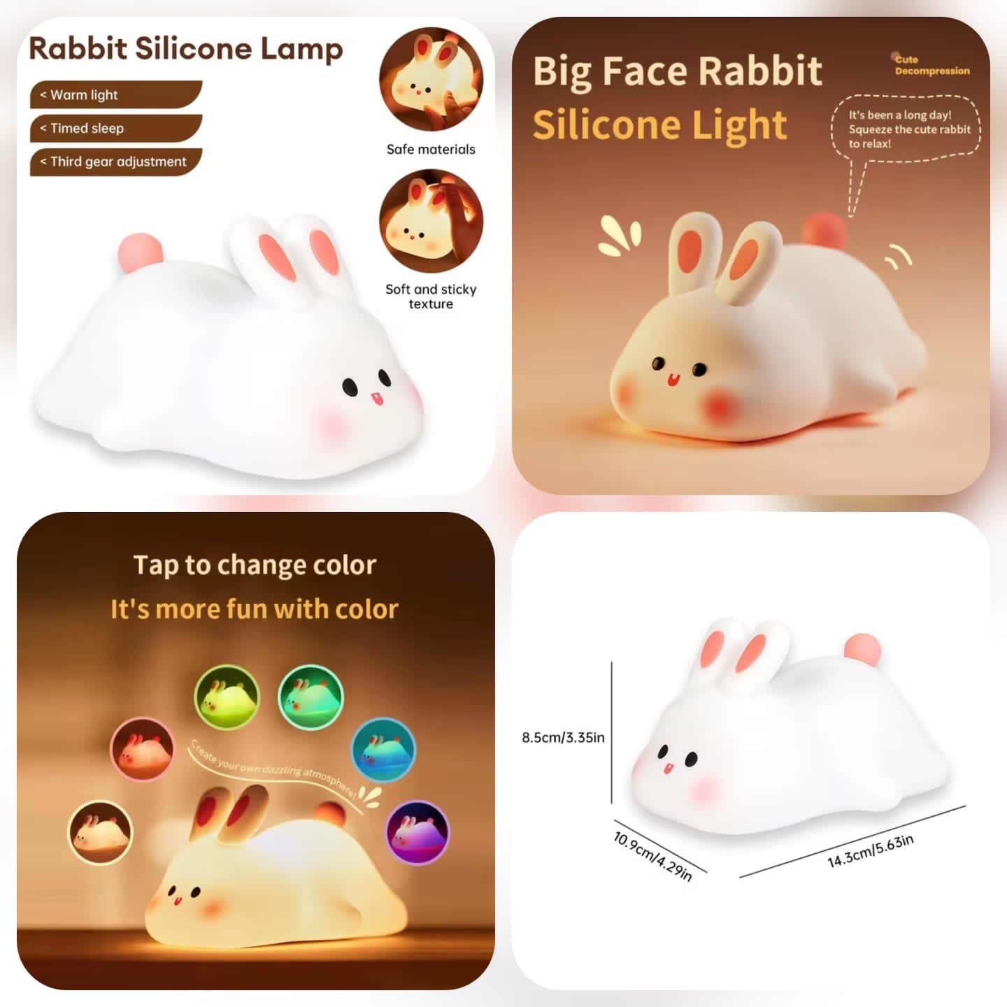 Kawaii Big Face Rabbit Silicone Night Light – Rechargeable LED Tap Lamp with Dimmable Warm Light & RGB Color Changing Mode