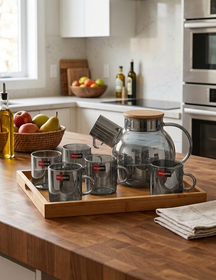 7-Piece Premium Glass Qahwa & Teapot Set with Wooden Serving Tray | Smoky Amber Glass Water & Kahva Carafe Set | WellDeco