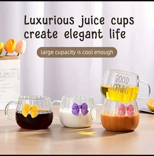 Ribbed Glass Coffee Mug with 3D Bow Accent – Large Capacity Borosilicate Glass | 300Ml