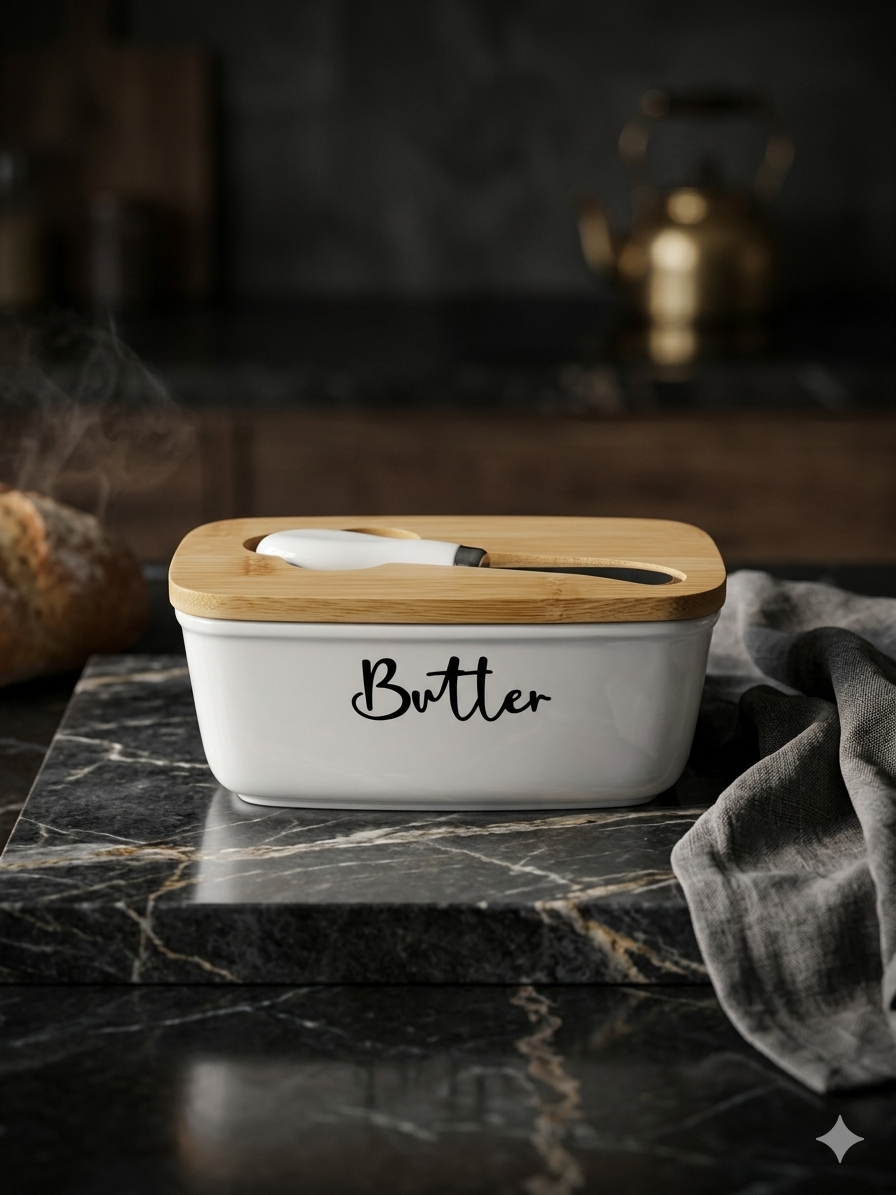 Premium Ceramic Butter Dish with Bamboo Lid & Knife – Modern Kitchen Butter Keeper