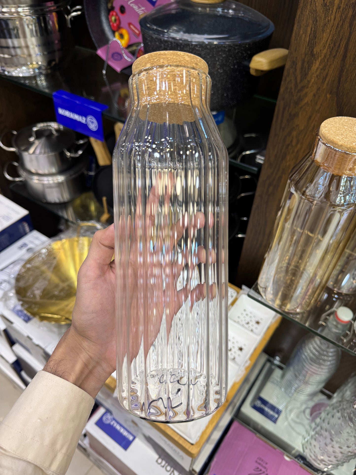 Ribbed Glass Cork Water Bottle - 1000ml