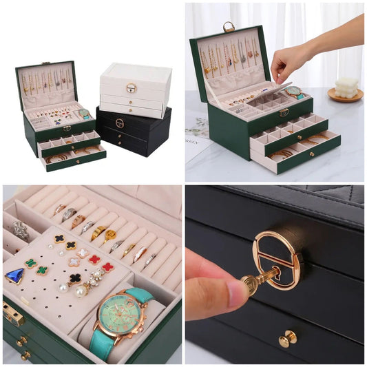 Jewelry Box Organizer for Women Girls,3 Layer Medium Sized PU Leather Jewelry Storage Box with Lock and Removable Tray,for Necklace Earrings Rings Bracelets