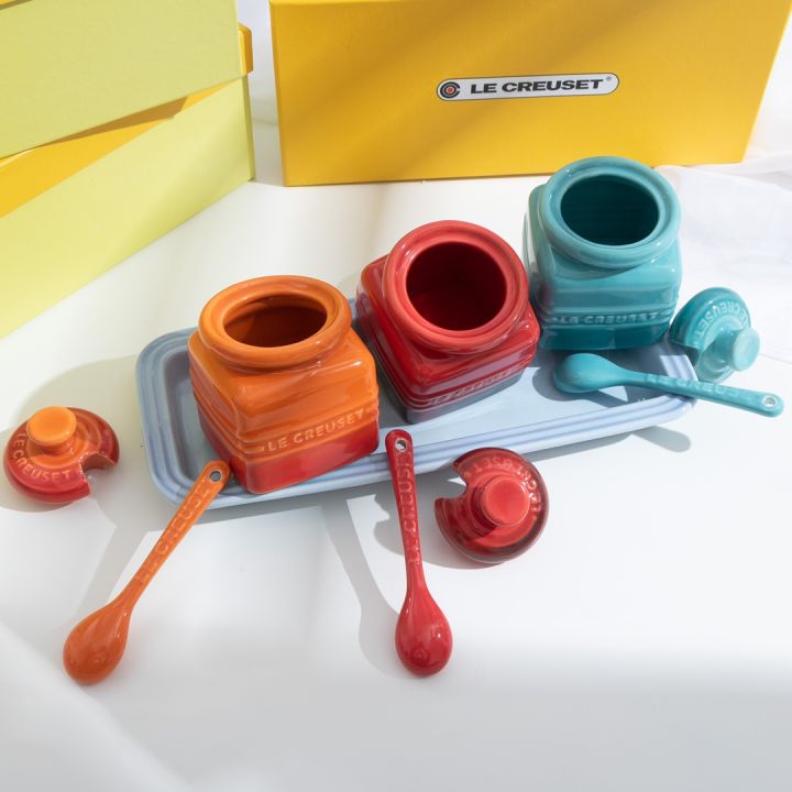 Le Creuset Inspired Ceramic Condiment Jar Set with Tray & Spoons (3-Piece Color Set)