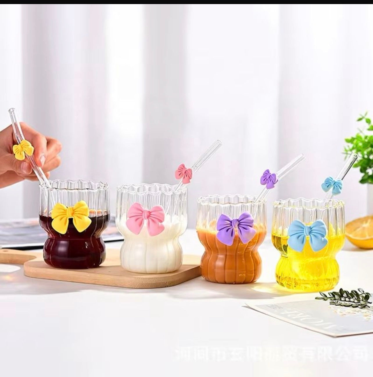 Bow Design Ribbed Glass Cup with Glass Straw – Cute Aesthetic Drinking Tumbler | 300Ml